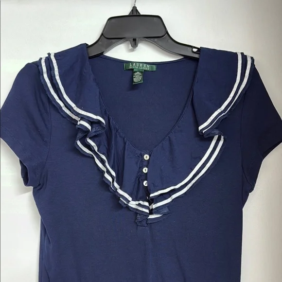 Ralph Lauren Blue Ruffled Cap Sleeve Blouse with Sailor Collar - Picture 2 of 3